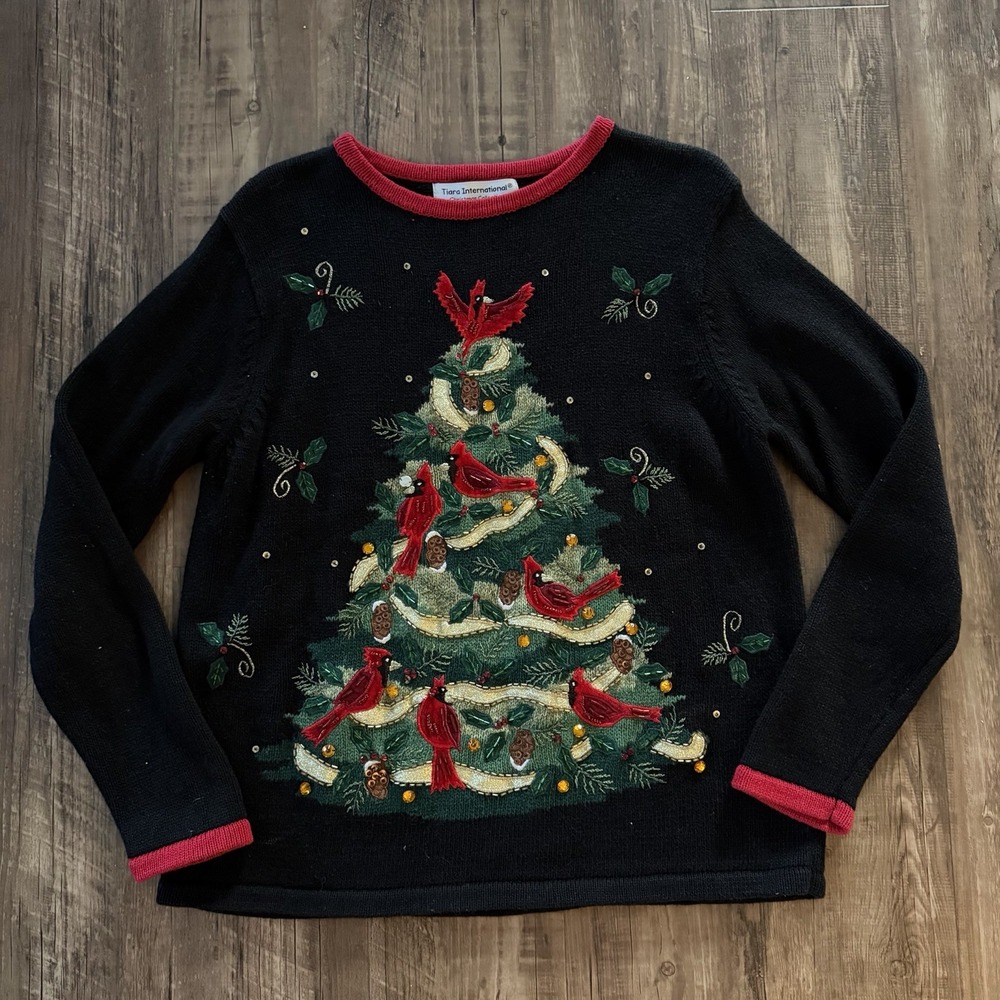 VTG Christmas Sweater Size L Black Crewneck Tree Cardinals Birds Holiday Festive